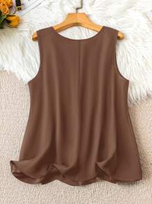 EMERY ROSE Plus Size Summer Casual Solid Color Lace Patchwork Camisole - Brown - View 2