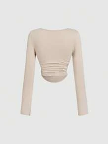 SHEIN MOD 3件套女士褶皱休闲方领长袖T恤套装，保暖衣物，秋季女装，外出上衣，假日女装，S码，棕色上衣 - 棕色 - 查看 10