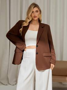 Auralis Plus Size Women Brown Summer Casual Business Formal Blazer,Solid Mottled Lapel Long Sleeve Single Button Office Jacket,Old Money Style Fall/Winter - Brown - View 1