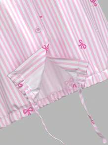 SHEIN Tall 2件套女士粉色蝴蝶结印花条纹短袖上衣和宽松裤子缎面睡衣套装 - 彩色 - 查看 8