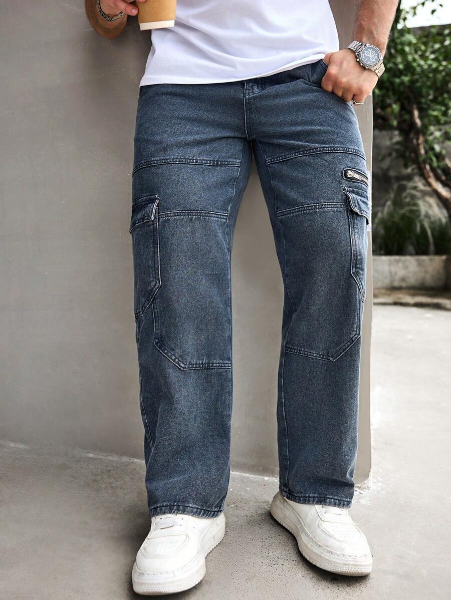 Manfinity Homme Men's Cargo Pockets Straight Relaxed Fit Casual Versatile Jeans - Grey - View 1