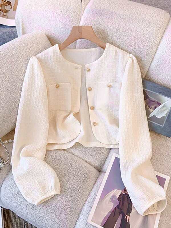 New French Style Versatile Elegant Round Neck Short Women Jacket, Fashionable Thin Outwear Fall Winter Cloth For Women