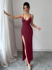 INAWLY Đầm dài hở vai xếp nếp gợi cảm thanh lịch cho nữ, màu đỏ, mùa hè - Màu Đỏ Sâu - Xem 5