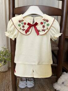 SHEIN 2pcs Baby Girl/Newborn 0-3 Years Old Spring Summer Elegant Little Lady Lapel Ruffle Sleeve Blouse Top+ Shorts Set, Baby Girl Beige Outfit - Apricot - View 5