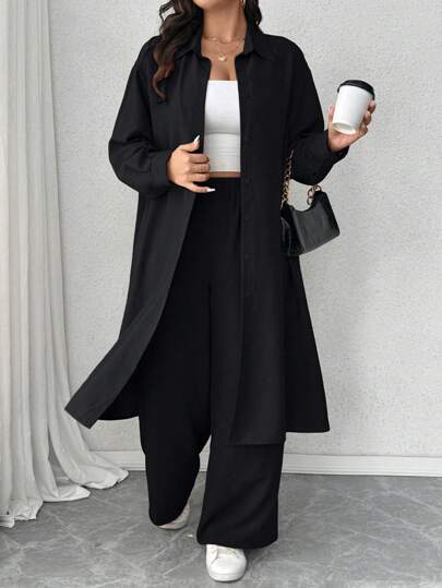 Elenzga Plus Size Wrinkled Texture Collared Long Sleeve Shirt And Wide Leg Loose Pants 2 Pieces Set, Casual Wear For Outing And Commute Black Pants Suit Women Black Suits For Women Plus Size Black Pant Suit Black Outfits For Women Office Outfits For Women Fall Cloth For Women