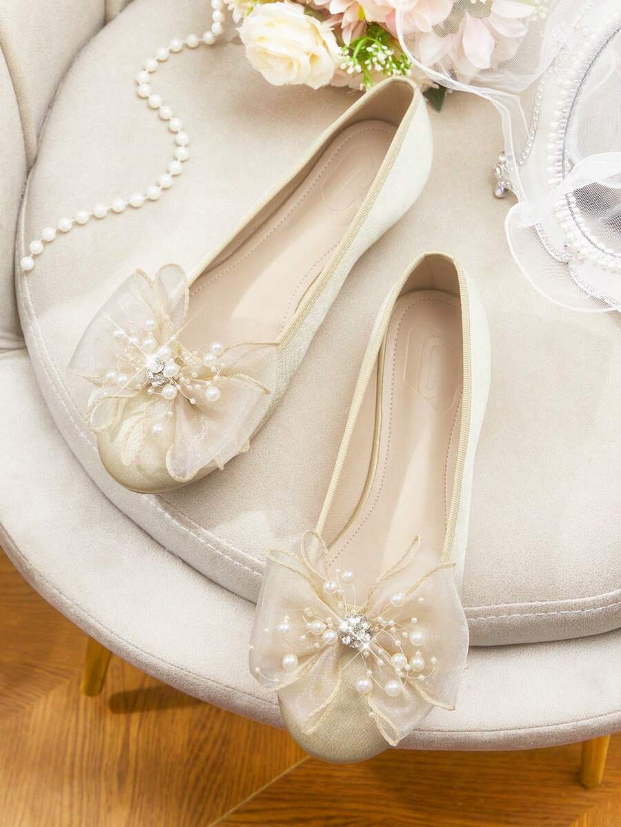 CUCCOO HITCHD 女士白色蕾丝蝴蝶结圆头平底一脚蹬鞋,性感可爱休闲/节日/派对/约会/婚礼场合 - 金色 - 查看 1