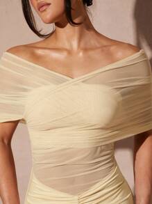 Silquee Robe ajustée élégante en maille transparente de couleur abricot pour femmes, printemps et été - Nude - Voir 9