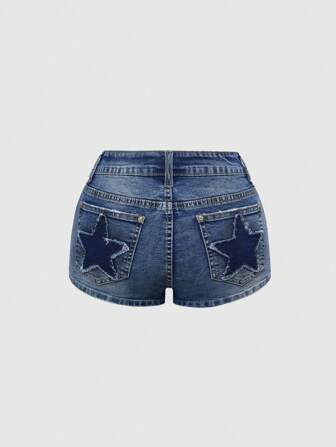Grunge Punk Short di jeans mini a vita bassa strappati, con ricamo di stelle stile vintage Y2K, effetto sfumato per donna