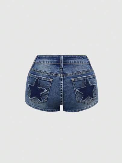 Grunge Punk Sommer Vintage Y2K Baddie Stern Stickerei Farbverlauf Damen Denim Shorts mit tiefer Taille und Destroyed-Effekt