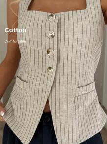 Easowa 棉质衬衫女式休闲复古硬币和条纹印花背心无袖衬衫，适合日常休闲和通勤，春夏季短款上衣女士办公室商务休闲女式纽扣衬衫女式夏季上衣女士教师趣味衬衫老钱工作上衣商务休闲女式 - 杏色 - 查看 6