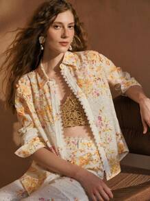 MOTF PREMIUM FLORAL PRINT EYELET EMBROIDERY SHIRT - Multicolor - View 1