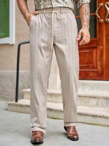 Mainfolk Men's Casual Woven Vertical Striped Mid-Waist Drawstring Straight Leg Pants - Khaki - View 6
