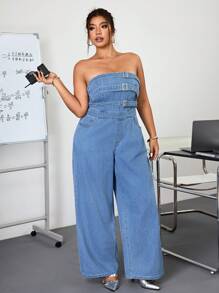 Jeanoix Plus Size Women's Patchwork Jumpsuit, Light Blue Non-Stretch Casual Denim Jumpsuit