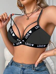 SHEIN Women's Hollow Out Letter & Heart Knitted Bra For Everyday Wear Without Padding - Dark Grey - View 4