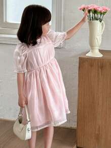 SHEIN Little Byeori Young Girls Ruffle Sleeve Princess Style Dress Lovely Pink Flared Dress For Short Sheer Polyester With Three-Quarter Sleeves - Pink - View 3
