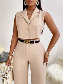 Maweii Women's Solid Color Notched Lapel Single-Breasted Cropped Casual Blazer Vest For Autumn Graduation,Back To School,Teacher Outfits For Women - Khaki - View 3