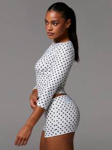 Athîral 女士圆点图案针织上衣和短裤两件套 - 黑與白 - 查看 4