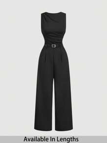 SHEIN Tall CURVE 加大码女式黑色百褶宽腿宽松连体裤（配腰带）
