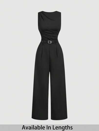 SHEIN Tall CURVE 加大码女式黑色百褶宽腿宽松连体裤（配腰带）