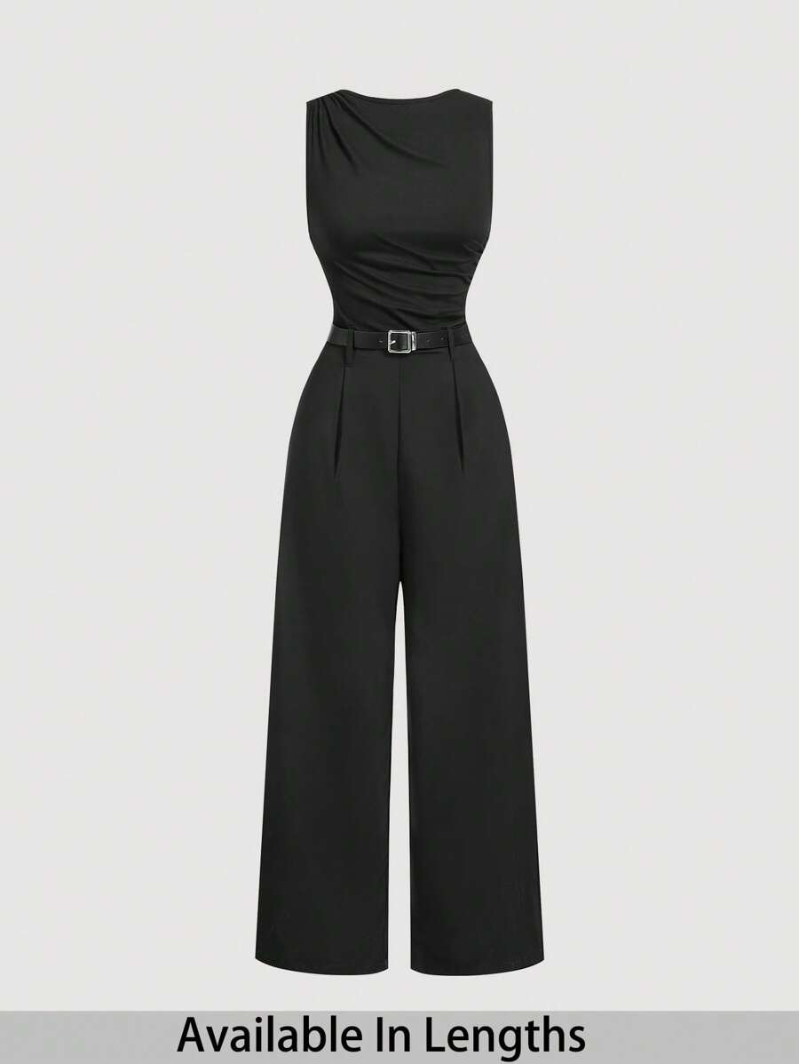 SHEIN Tall CURVE 加大码女式黑色百褶宽腿宽松连体裤（配腰带）