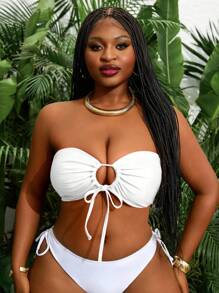 Slaydiva 纯色大码女式性感前吊带比基尼上衣 - 白色 - 查看 6