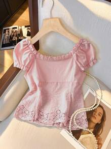 Franclia 女士甜美优雅法式系带撞色蕾丝露肩修身短款上衣，适合春夏穿着，粉色可爱蕾丝上衣 - 粉色 - 查看 2