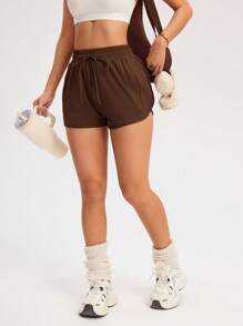 Easithlete 女士纯色松紧腰抽绳休闲夏季运动短裤健身短裤