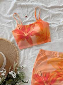SHEIN Set de bluză și fustă mini, cu imprimeu floral, mulată, casual, confortabilă, pentru fete preadolescente