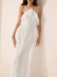 Revavyn 白色雪纺露背荷叶边修身连衣裙 - 白色 - 查看 4