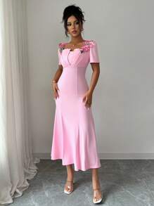 Elenzga Elegant French Solid 3D Floral Embroidery Square Neck Fitted Mermaid Maxi Dress, Suitable For Dates, Weddings, Parties And Commute