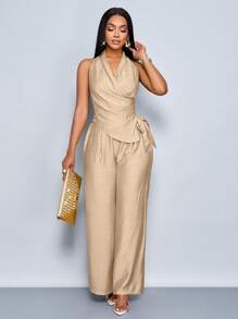 SOLERSUN Set de 2 piezas de top sin mangas con pliegues y nudo a los lados talla grande pantalones de pierna ancha de unicolor para mujeres - Caqui - Ver 5