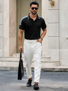Manfinity VCAY Camisa polo de manga corta slim fit con cuello plano de punto retazos para hombre - Negro - Ver 4