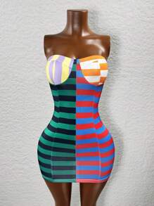 BamGleam 女士条纹修身露肩迷你连衣裙，夏季 - 彩色 - 查看 5