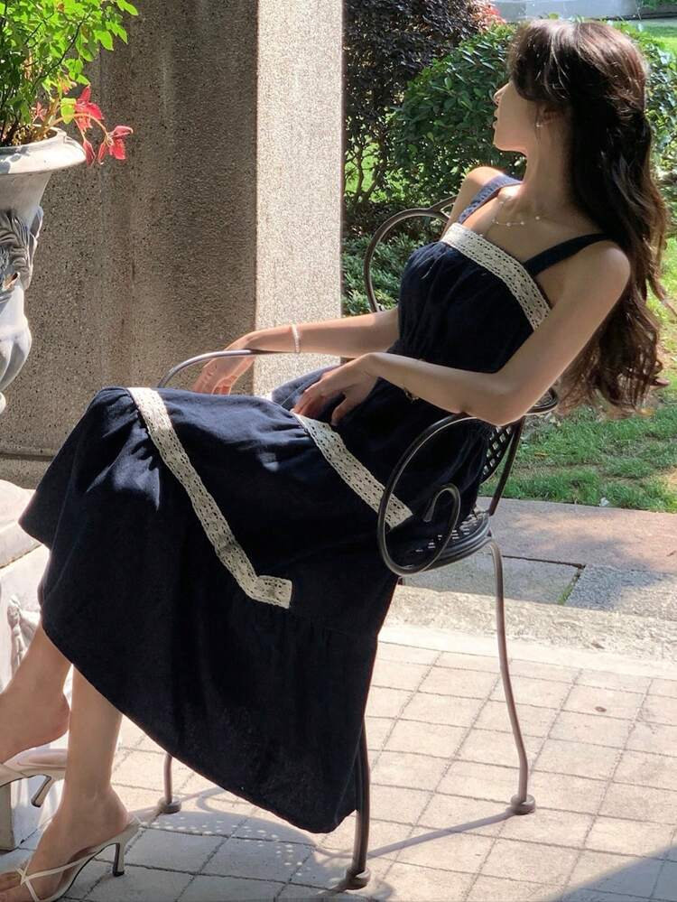 Square Neck Sleeveless Lace Patchwork Denim Dress For Women Maxi Dress