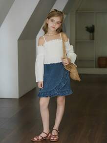 Tween 女童 2025 年春夏新品，独特交叉装饰优雅荷叶边下摆 A 字裙，时尚百搭又甜美，适合日常活动、外出和社交聚会 - 中等水洗藍 - 查看 1