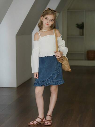 Tween 女童 2025 年春夏新品，独特交叉装饰优雅荷叶边下摆 A 字裙，时尚百搭又甜美，适合日常活动、外出和社交聚会
