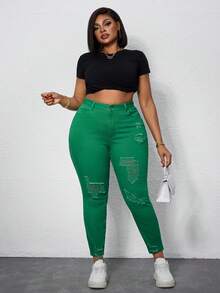 Slaydiva Jeans de corte slim fit, desgastados y de unicolor, para tallas grandes - Verde - Ver 4
