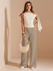 SHEIN BAE Quần ống rộng cạp thấp thời trang tối giản màu trơn cho nữ, thường ngày, công sở, xuân hè - Màu Khaki - Xem 4