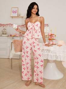 Miss Vinta 浪漫细肩带蝴蝶结女士睡衣套装 - 粉色 - 查看 4