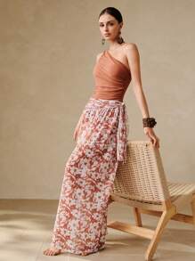 Swim Oasis 女士纯色褶皱网眼拼接连体泳衣（含纱笼裙） - 彩色 - 查看 3