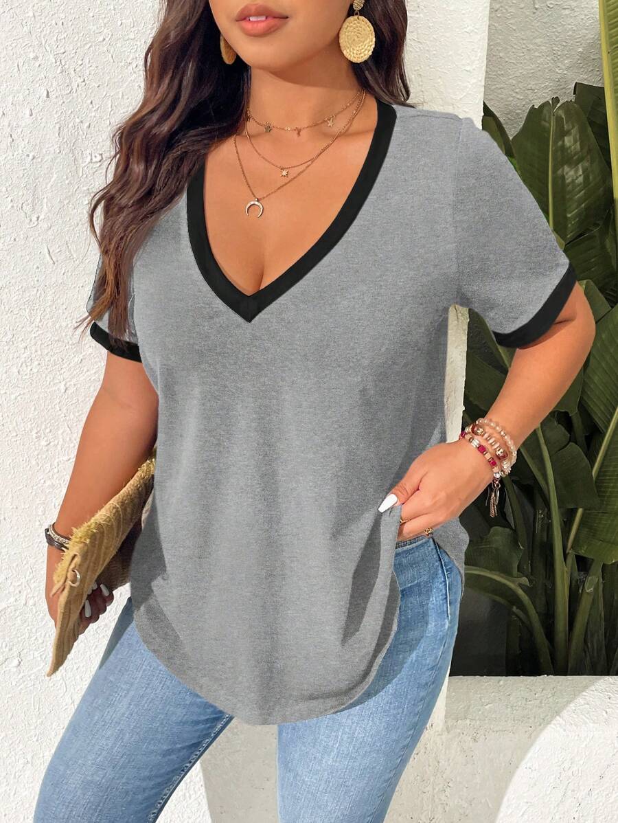 SHEIN Frenchy Áo thun ngắn tay phối màu thời trang cỡ lớn dành cho nữ, thích hợp mặc đi nghỉ mát, làm giáo viên. - Màu Xám nhạt - Xem 1