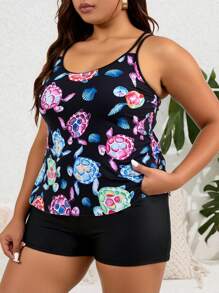 Swim Lushoire 大码女式多色海龟印花圆领可调节肩带修身宽松上衣和高腰纯色内裤性感优雅沙滩度假分体泳衣套装