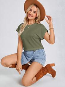 EMERY ROSE Women's Summer Solid Color Round Neck Batwing Sleeve Casual T-Shirt - Army Green - View 4