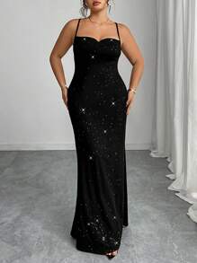 SHEIN PETITE 加大码性感细肩带露背亮片连衣裙，夏季 - 黑色 - 查看 5