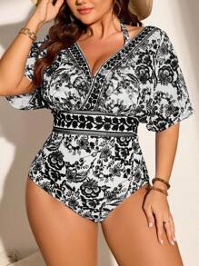 Swim Lushoire 大码蓝白瓷印花连体泳衣 - 黑與白 - 查看 1