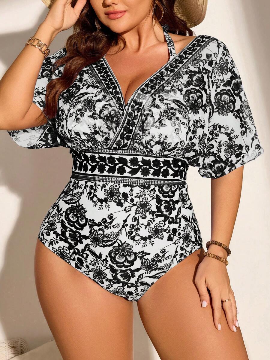 Swim Lushoire 大码蓝白瓷印花连体泳衣 - 黑與白 - 查看 1