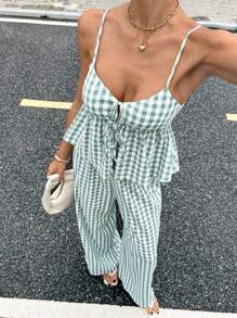 Siren Gaze 女士夏季休闲度假风格格纹印花前结娃娃领吊带上衣和宽松阔腿长裤两件套