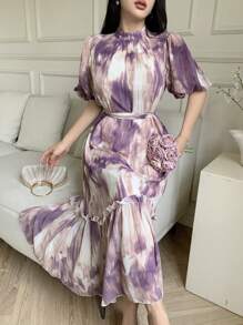 Modelyn 休闲扎染印花荷叶边下摆女式连衣裙