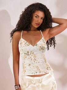 Opulessa 纯色亮片刺绣露背女上衣 - 杏色 - 查看 3