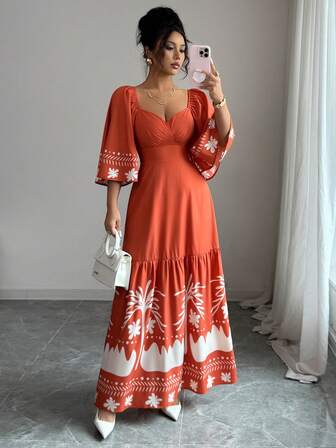 Mulvari Women's Vacation Ruffle Sleeve Fashionable Printed Dress Boho Summer Holiday